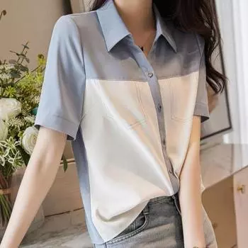 Женские винтажные лоскутные контрастные цвета, элегантные рубашки на пуговицах, летние шикарные блузки в корейском стиле, повседневные тонкие топы с короткими рукавами, Ropa S синий