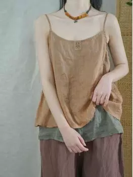 Женские винтажные майки Johnature с вышивкой в стиле пэчворк, летние мягкие топы из рами высокого качества, женские майки One Size оранжевый/кофейный