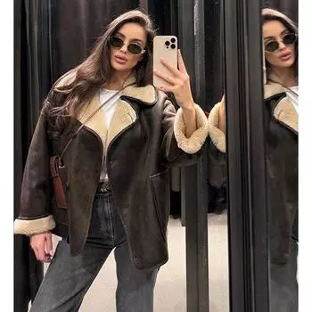 Женские винтажные меховые кожаные куртки в стиле пэчворк, осенняя мода, однобортное замшевое пальто с воротником-стойкой, с длинными рукавами, уличная одежда S коричневый