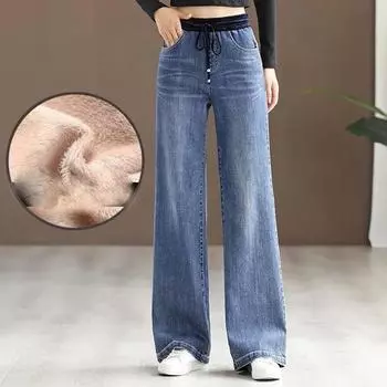 Женские винтажные мешковатые джинсы с высокой талией и широкими штанинами, корейские уличные прямые джинсовые брюки, повседневные прямые брюки на зиму и осень 34 чёрный