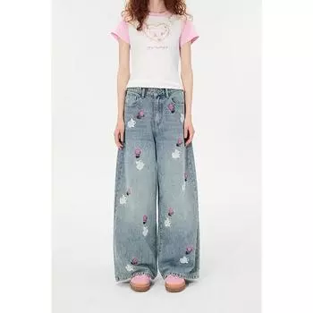 Женские винтажные мешковатые синие джинсы с вышивкой, джинсовые брюки с высокой талией, Harajuku, ретро, корейские Y2k, широкие ковбойские брюки, одежда 2000-х годов S синий