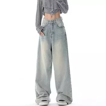 Женские винтажные мешковатые синие джинсы с высокой талией, джинсовые брюки 2000-х годов Y2k Harajuku, мода 90-х, эстетические широкие брюки, дрянная одежда 2024 S светло-синий