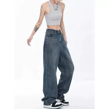 Женские винтажные мешковатые синие джинсы с высокой талией, джинсовые брюки 2000-х годов Y2k Harajuku, мода 90-х, эстетические широкие брюки, дрянная одежда 2024 S синий