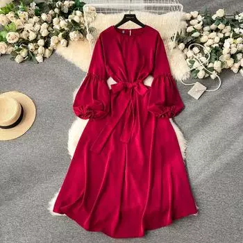 Женские винтажные милые платья средней длины с высокой талией А-силуэта с круглым вырезом и рукавами-фонариками на шнуровке Vestidos весна-лето Женское платье One Size винный