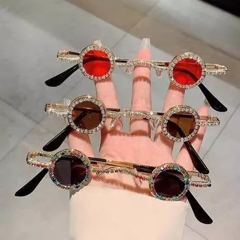 Женские винтажные мини-солнцезащитные очки в стиле стимпанк с металлической оправой, хип-хоп, маленькие круглые, роскошные, блестящие, со стразами, мужские, классные очки для вечеринок