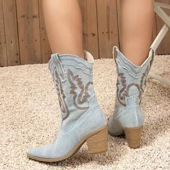 Женские винтажные модные вышитые остроносые ботинки на толстом каблуке, большие размеры, весна-осень, ковбойские сапоги до середины икры 35
