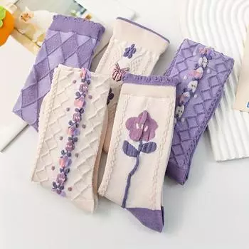 Женские винтажные носки с тисненым фиолетовым цветочным узором и бантами - 5 пар носков до середины икры One-size
