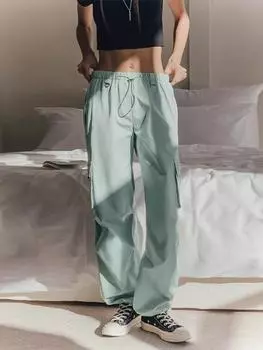 Женские винтажные однотонные брюки-карго Y2k, широкие брюки с завязками и несколькими карманами, прямые брюки с низкой талией, свободная универсальная уличная одежда S бежевый