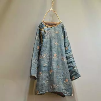 Женские винтажные парки с цветочным принтом, весенний пуловер, женская одежда в китайском стиле, пальто на пуговицах One Size синий