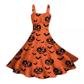 Женские винтажные платья без рукавов, плиссированные, в стиле пэчворк, милые, с А-силуэтом, с принтами на Хэллоуин XXL шафрановый