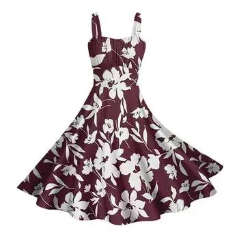 Женские винтажные платья без рукавов с плиссировкой, пэчворком, милым А-силуэтом и цветочным принтом XL винный