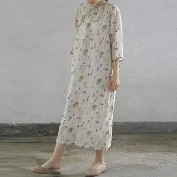 Женские винтажные платья Johnature с цветочным принтом Ramie, летние женские платья с семью рукавами M бежевый