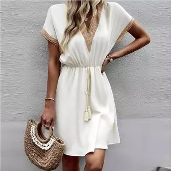 Женские винтажные платья, летняя мода, однотонное, с v-образным вырезом, до колена, свободное кружевное платье, повседневное милое платье с короткими рукавами, Vestidos 27750 S абрикосовый