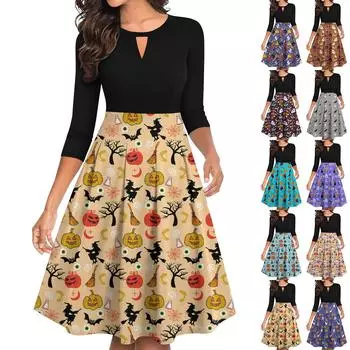 Женские винтажные платья на Хэллоуин с принтом, расклешенные, с рукавами 3/4, повседневные, с разрезом, свободные, для вечеринок M