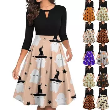 Женские винтажные платья на Хэллоуин с принтом, расклешенные, с рукавами 3/4, повседневные, с разрезом, свободные, для вечеринок XL