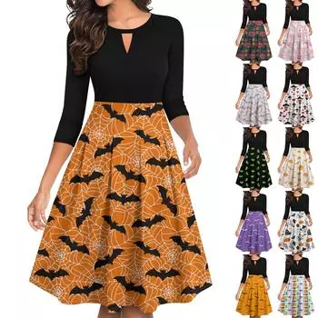 Женские винтажные платья на Хэллоуин с принтом, расклешенные, с рукавами 3/4, повседневные, с разрезом, свободные, для вечеринок M