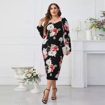 Женские винтажные платья с длинным рукавом с квадратным вырезом плюс размер для женщин, тонкое облегающее платье, модное платье с цветочным принтом, элегантное вечернее платье XL чёрный