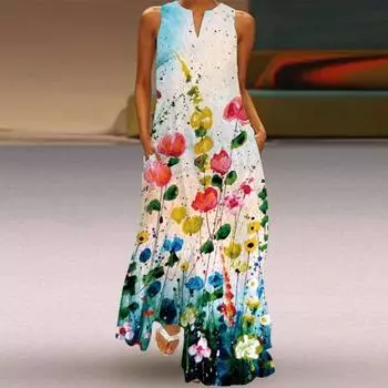 Женские винтажные платья с принтом, летнее длинное платье без рукавов с v-образным вырезом в стиле бохо, женские повседневные элегантные платья макси для пляжной вечеринки, Vestidos S