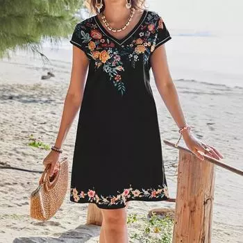 Женские винтажные платья с V-образным вырезом и принтом S чёрный