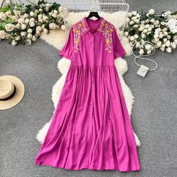 Женские винтажные плиссированные однобортные платья трапециевидной формы с вышивкой и лацканами с половиной рукавом, свободные платья больших размеров, весна-лето 2024, SM10045 One Size чёрный