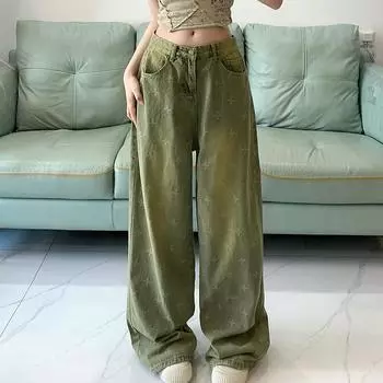 Женские винтажные потертые джинсы, шикарные повседневные свободные джинсы, новые уличные модные женские прямые широкие джинсовые брюки S