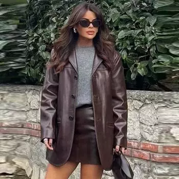 Женские винтажные повседневные куртки из искусственной кожи с отложным воротником, однобортные пальто, осенняя мода, однотонная свободная верхняя одежда S коричневый