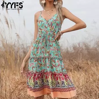 Женские винтажные повседневные платья без рукавов YYFS в богемном стиле на лето и весну с подтяжками и высокой талией S зелёный