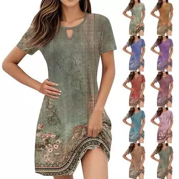 Женские винтажные повседневные платья с цветочным принтом и коротким рукавом для выпускного вечера L армия зеленый