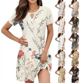 Женские винтажные повседневные платья с цветочным принтом и коротким рукавом для выпускного вечера L бежевый