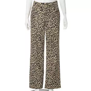 Женские винтажные прямые брюки с леопардовым принтом, осенние повседневные шикарные мешковатые широкие брюки с высокой талией, уличная одежда S цветной печати леопарда