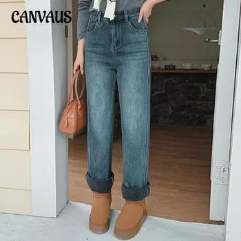 Женские винтажные прямые облегающие и плотные флисовые джинсы больших размеров XL синий