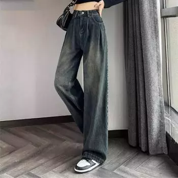 Женские винтажные прямые свободные драпированные джинсы 90-х годов с высокой талией, элегантные широкие брюки-швабры, корейская мода, повседневные брюки больших размеров, уличная одежда S синий