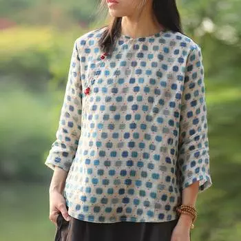 Женские винтажные рами и топы с весенними пуговицами, блузки в китайском стиле, рубашки M синий