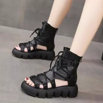 Женские винтажные римские сандалии на платформе 35 чёрный