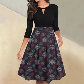 Женские винтажные рождественские принты с рукавами 3/4, расклешенные, А-силуэта, свободные, повседневные платья для вечеринок L темно-фиолетового