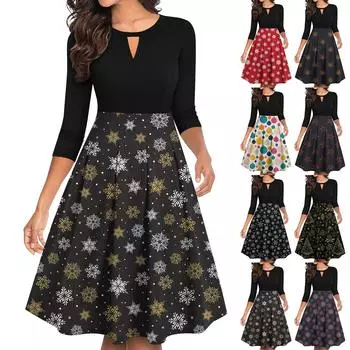 Женские винтажные рождественские принты с рукавами 3/4, расклешенные, А-силуэта, свободные, повседневные платья для вечеринок L темно-фиолетового