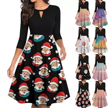 Женские винтажные рождественские принты с рукавами 3/4, расклешенные, А-силуэта, свободные, повседневные платья для вечеринок L бежевый
