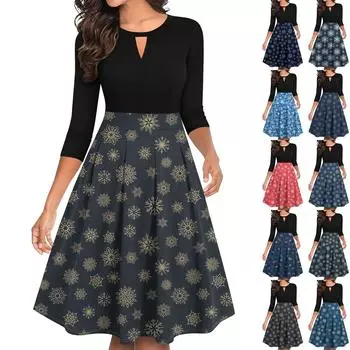 Женские винтажные рождественские принты с рукавами 3/4, расклешенные, А-силуэта, свободные, повседневные платья для вечеринок L бежевый