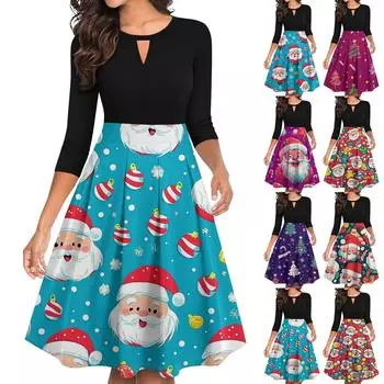 Женские винтажные рождественские принты с рукавами 3/4, расклешенные, А-силуэта, свободные, повседневные платья для вечеринок XL оранжевый