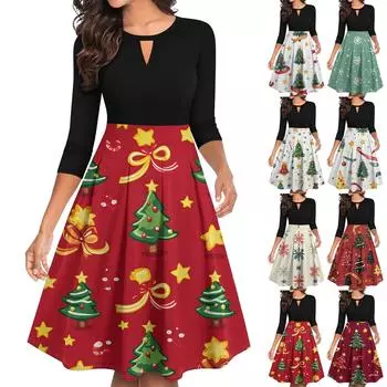 Женские винтажные рождественские принты с рукавами 3/4, расклешенные, А-силуэта, свободные, повседневные платья для вечеринок L