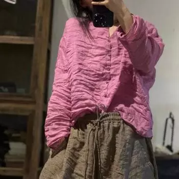 Женские винтажные рубашки Johnature Ramie, осенние блузки с круглым вырезом и длинными рукавами, свободные однотонные рубашки высокого качества One Size жёлтый