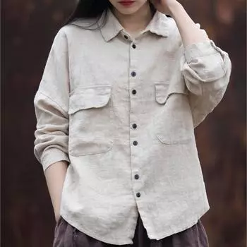 Женские винтажные рубашки Johnature Ramie, топы с отложным воротником, длинными рукавами и пуговицами, лоскутные карманы, блузки, весенние рубашки One Size белый