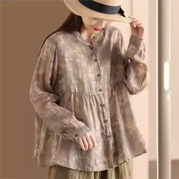 Женские винтажные рубашки Johnature, топы, блузки с длинными рукавами со стойкой, весенние свободные женские рубашки на пуговицах