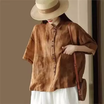 Женские винтажные рубашки Johnature, топы, летние однотонные рубашки с отложным воротником и короткими рукавами в стиле пэчворк, карманы