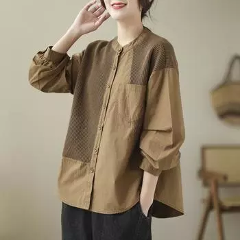Женские винтажные рубашки Johnature, топы в стиле пэчворк, цветные блузки с длинными рукавами и пуговицами, осенние повседневные рубашки One Size хаки