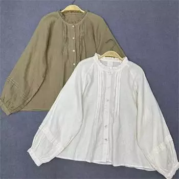 Женские винтажные рубашки Johnature, весенне-летние однотонные свободные плиссированные повседневные блузки с воротником с оборками One Size хаки