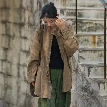 Женские винтажные рубашки-рубашки из рами, куртки-стойки с длинным рукавом, высококачественные пальто, осенние свободные женские куртки на пуговицах One Size серый