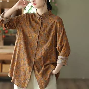 Женские винтажные рубашки с цветочным принтом, повседневные рубашки с длинным рукавом, весенние свободные женские топы, рубашки M