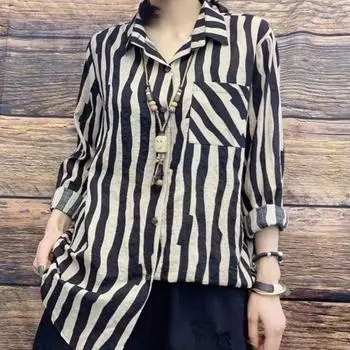 Женские винтажные рубашки с принтом в полоску зебры, повседневные рубашки с длинным рукавом, свободные женские топы, рубашка M