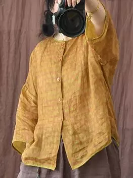 Женские винтажные рубашки в клетку Johnature, топы, блузки с семью рукавами и пуговицами, летние повседневные тонкие рубашки Johnature